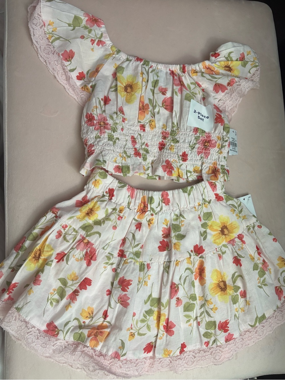 Old Navy Two-Piece Crop Top & Skirt Set - Pink Floral Set Size 12-18 months